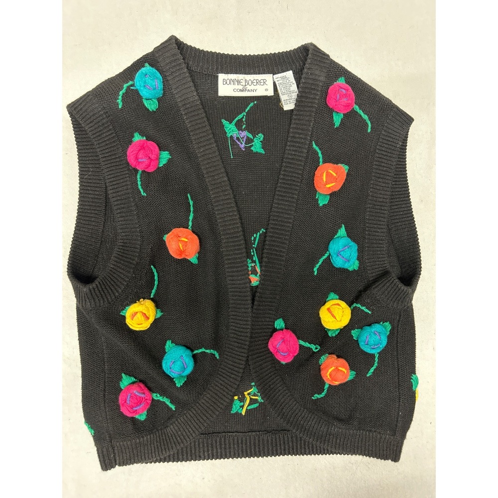Vintage Bonnie Boerer Black Knit Sweater Vest 3D Floral Rosettes Women Small Y2K